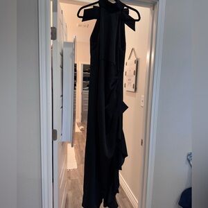 MAUREEN Black Satin High-Neck Draped Maxi Dress Club L London